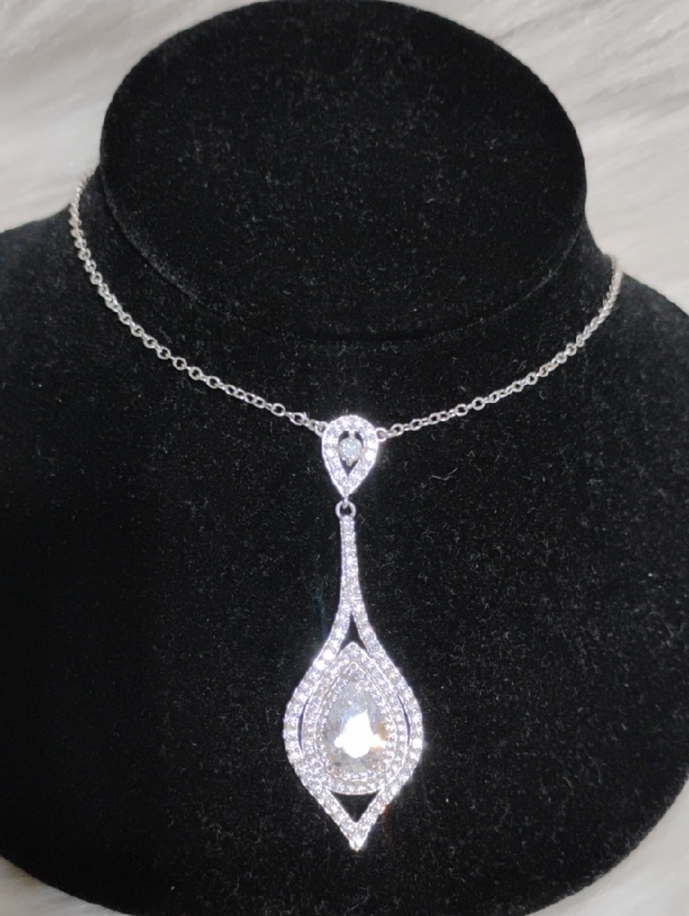 SALE! Fine Silver Plated Teardrop Sparkling CZ Diamond Statement Necklace